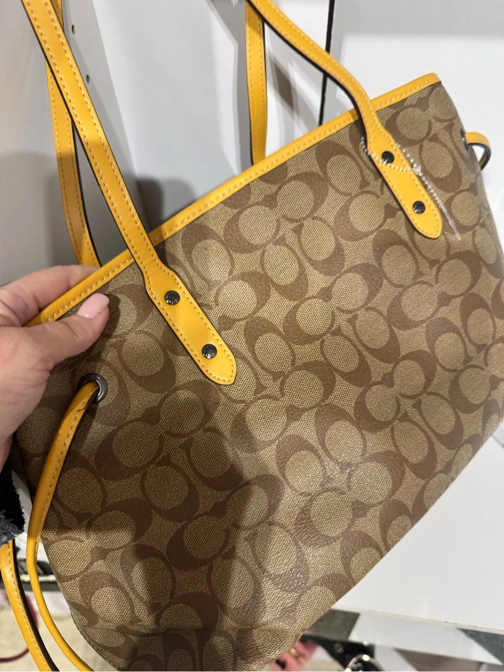 Coach Beige Signature Canvas Satchel with Yellow Trim